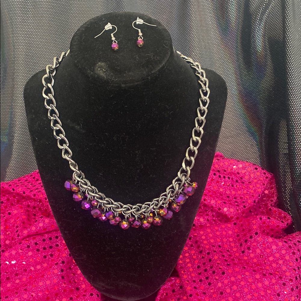 Elegant Purple and Silver Necklace and Earring Set